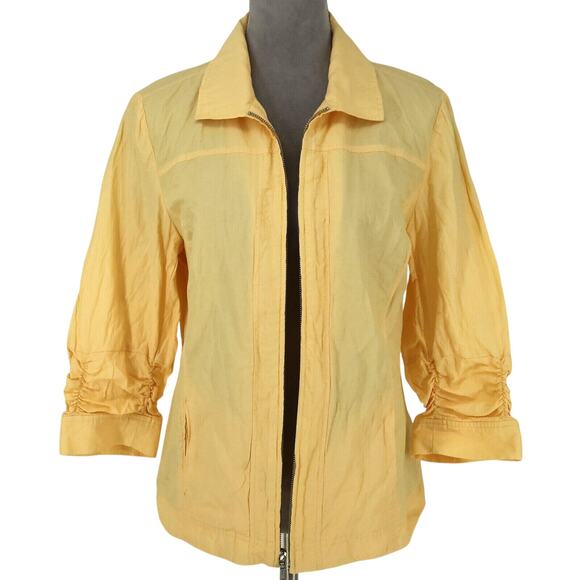 Chicos Jacket 2 Womens Large 12 Yellow Full Zip Ruched Sleeves Crinkle Fabric - Picture 15 of 16